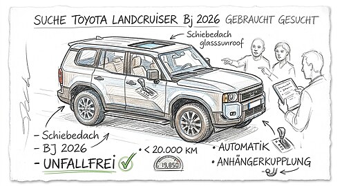 Suche einen Toyota Landcruiser mit Schiebedach, Bj 2026 , unfallfrei, weniger als 20.000 Km, Automatik, Anhängerkupplung